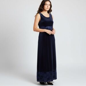 Dressing Clio Navy Blue Velvet Maxi Dress Devoré Burnout Trim Sleeveless Size XL